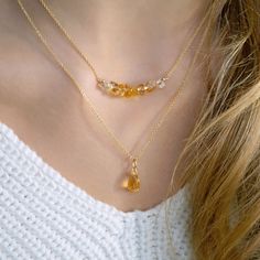 "Sparkling Citrine Drop Necklace made with a natural citrine gemstone. For a special gift for wife on 13th or 17th Anniversary or on November Birthday. Handmade, simple, just perfect. Matching earrings: https://etsy.me/38Hkrfj M A T E R I A L S: * natural citrine * 14k Gold Filled / 14k Rose Gold Filled / Sterling Silver * spring ring clasp closure * personalized disc with BB letters on the chain end or ->Your initials * comes in our beautiful branded gift box along with the descriptive gemst Gold Teardrop Crystal Necklaces With Adjustable Chain, Gold Teardrop Crystal Necklace With Adjustable Chain, Gold Teardrop Birthstone Necklace, Gold Teardrop Pendant Crystal Necklace Dainty Style, Teardrop Crystal Necklaces With Adjustable Chain, Teardrop Crystal Necklace With Adjustable Chain, Gold Teardrop Crystal Necklace, Gold Teardrop Birthstone Necklace In Delicate Style, Dainty Crystal Necklace With Teardrop Pendant On Delicate Chain