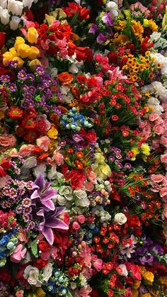 a large amount of colorful flowers are arranged in the shape of a flower bouquets