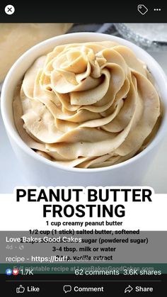 a white bowl filled with peanut butter frosting