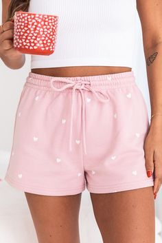 Pink Cute Heart Print Drawstring Lounge Shorts Sports Team Apparel, Shapewear Dress, Romper And Jacket, Sweater Jumpsuit, Cute Heart, Print Shorts, Dresses By Length, Lounge Shorts, Loungewear Shorts