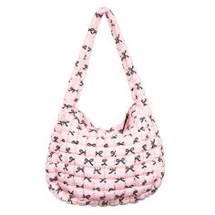 Meet your new must-have: the Black & Pink Mini Coquette Bows Wholesale Oversized Puffer Tote Bag! This tote is seriously next level, it's not just your average carry-all. Imagine a pink puffer quilted style tote adorned with adorable mini black bows, giving off all the vibes you need to slay the day. And guess what? This style isn't just trending, it's a go-to for big brands and cool girls everywhere. Why wait to get your hands on this gem? With Coquette Bow items blowing up on social media, esp Luxury Pink Bag For Errands, Luxury Pink Elegant Hobo Bag, Casual Pink Shoulder Bag For The Weekend, Casual Pink Shoulder Bag For Weekend, Trendy Pink Hobo Bag For Travel, Pink Tote Shoulder Bag For Weekend, Trendy Pink Hobo Bag For Shopping, Casual Pink Hobo Bag With Removable Pouch, Trendy Pink Shoulder Bag For Weekend