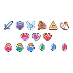 an image of pixel art with many different types of items on it, including hearts and arrows