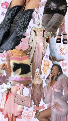 a collage of various images with women's clothing and accessories on them, including boots