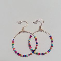 Handmade Gold Plated Bead Hoop Earrings Color: Sprinkles 18k Real Gold Plated Lightweight Clear Backs Included Gold Hoop Earrings With Colorful Beads For Beach, Multicolor Wire Wrapped Hoop Earrings With Round Beads, Multicolor Wire Wrapped Hoop Earrings, Wire Wrapped Multicolor Hoop Earrings, Trendy Round Beaded Earrings With Ear Wire, Rainbow Round Hoop Earrings With Colorful Beads, Gift Hoop Earrings With Dangling Beads, Rainbow Hoop Earrings With Colorful Beads, Rainbow Colorful Beads Hoop Earrings