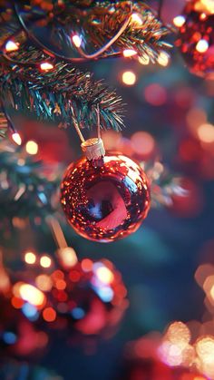 an ornament hanging from a christmas tree with lights in the backgroud