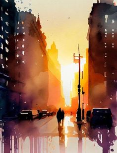 a watercolor painting of people walking down the street in the city at sunset or sunrise