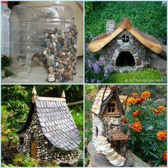 four pictures of different houses made out of rocks and stones, with flowers in the foreground