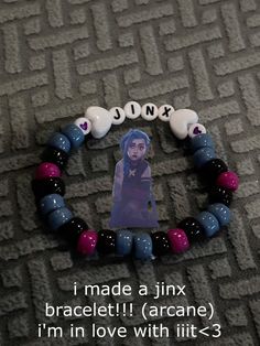 i made a jinx bracelet and i love it so much!! #jinx #arcane Ekko Arcane Bracelet, Jinx Bracelet, Arcane Bracelet, Jinx Arcane, Bead Charms Diy, Bracelet Ideas, Coping Mechanisms, Diy Charms, I Love It