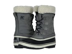 SOREL Winter Carnivaltm (Quarry/Black) Women's Cold Weather Boots Have fun with your style this season with the SOREL Winter Carnival snow boot. Waterproof nylon upper. Sherpa Pile snow cuff for added warmth. Easy lace-up design for a secure and comfortable fit. Seam-sealed waterproof construction keeps out the wet elements for a drier more comfortable foot environment. Removable 6 mm washable recycled felt inner boot. 2.5mm bonded felt frost plug. Handc #SOREL #Shoes #Boot #ColdWeather #Brown Sorel Winter Carnival, Sorel Rain Boots, Sorel Mens Boots, Womens Sorel, Sorel Boots Womens, Winter Carnival, Shoes Boot, Flannel Lined Jeans, Cold Weather Boots