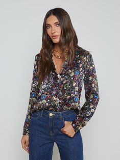 Meet the iconic long-sleeve silk button-down that belongs in every wardrobe. Reimagined each season in fresh colorways and prints, the Tyler is back in an opulent jeweled print inspired by our Culver jacket.• 100% silk charmeuse• Long sleeves• Pleated yoke• 1-button cuffs• Front button closure | L'AGENCE Tyler Silk Blouse Top In Black Perfect White Tee, Knit Denim, Girls Wardrobe, Silk Charmeuse, Vintage Jewels, Premium Denim, Blouse Top, Black Blouse, Silk Blouse