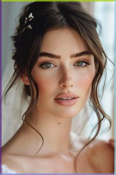 a woman with blue eyes wearing a bridal veil and flower in her hair is looking at the camera