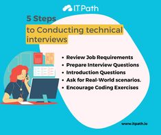 a woman sitting in front of a computer with the words 5 steps to conducting technical interviews