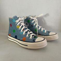 Golf Le Fleur For Converse 70 High Top Sneakers, Limited Edition. Denim With Colorful Polka-Dots. Size 5, These Run Big, I’m Normally A 6 And These Fit Great. Brand New, Never Worn (Only Tried On). Comes In Original Box That Includes An Additional Pair Of Black Laces. Ships In 1-2 Days From Smoke-Free Home. Converse Gianno, Le Fleur Shoes, Golf Le Fleur Shoes, Golf Le Fleur Converse, Converse Ideas, Converse Ox, Converse Golf Le Fleur, Converse 70, College Clothes