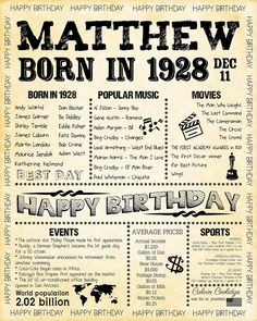 an old birthday poster with the words happy birthday written in black and white on it