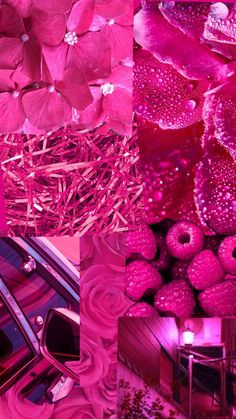 a collage of pink and purple images with flowers, leaves, and a car