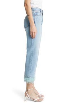 "Find FRAME Le Jane Faux Feather Hem High Waist Ankle Wide Leg Jeans on Editorialist. Feathery hems add a glamorous feel to these relaxed, ankle-cropped jeans crafted from premium nonstretch denim. 27\" inseam; 17\" leg opening; 11 1/2\" front rise 85% cotton, 15% recycled cotton Dry clean Imported" Chic Cropped Jeans With Frayed Hem For Fall, Spring Denim Bottoms With Cropped Hem, Spring Cropped Hem Denim Bottoms, Spring Cropped Jeans With Frayed Hem, Chic High Rise Flare Jeans With Frayed Hem, Spring Cropped Flare Jeans With Frayed Hem, Chic Cropped Leg Jeans With Frayed Hem, Chic Denim Cropped Jeans With Frayed Hem, Chic Cropped Denim Jeans With Frayed Hem