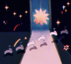 an animated scene with cats and stars coming out of the opening door to another room