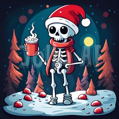 Skeleton wearing Santa hat drinking hot cocoa Christmas Skeleton Art, Christmas Skeleton Wallpaper, Christmas Chibi, Merry Creepmas, Horror Christmas, Black Christmas Decorations, Art Skeleton, Skeleton Christmas, Scary Christmas