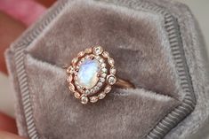 Rose Gold Moonstone Ring, Rainbow Moonstone Engagement Ring, Gold Moonstone Ring, Promise Rings Vintage, Engagement Rings Vintage Halo, Moonstone Engagement, Ring Halo, June Birthstone Jewelry, Moonstone Engagement Ring