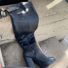 Brand New , Size 7.5, Black Leather Over The Knee Boots, 26 Inches Long, But They Fold Down At Top, Never Been Wore Black High Heel Knee-high Boots With Zipper, Black Wide Calf Knee-high Synthetic Boots, Black Wide Calf Synthetic Knee-high Boots, Black Synthetic Knee-high Boots For Work, Black Knee-high Boots With Zipper Closure, Trendy Black Synthetic Knee-high Boots, Black Polyurethane Heeled Boots For Night Out, Black Block Heel Knee-high Boots For Night Out, Black Faux Leather Knee-high Boots For Night Out