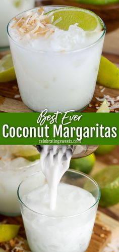 Coconut margarita in a clear glass cup in the top picture and it is being poured into the cup in the bottom picture Coconut Tequila, Cocktail Drinks Recipes, Margarita Recipes, Drinks Alcohol Recipes