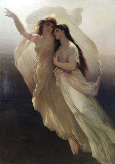 an image of two women in white dresses holding each other's arms and looking at the sky