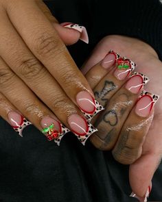 Birthday Acrylics Ideas, Designer French Tip Nails, Cute Black And Red Nails Ideas, Summer Duck Nails Design, Cheetah Print Cherry Nails, Cheetah Print Nails With Cherry, French Tip Cheetah Nails, Cheetah Print Duck Nails