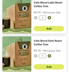 two boxes with coffee in them and one has an eye on the box that says, cafe blend light roast coffee tote