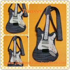 an electric guitar purse is shown in four different pictures, including the neck and shoulder