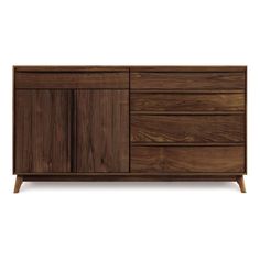 the sideboard is made out of wood and has three drawers, one with two doors