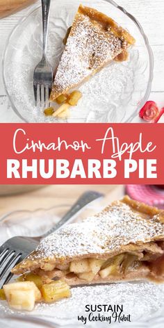 a slice of cinnamon apple rhubarb pie on a plate with a fork