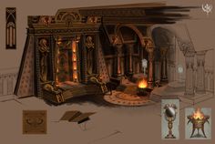 an artistic rendering of a room with candles and furniture