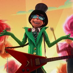 the animated character is holding a guitar and singing