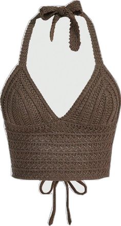 Knit Top For Summer Party, Crochet Brown Top For Vacation, Brown Crochet Top For Vacation, Sleeveless Open Knit Party Tops, Chic Knit Halter Top For Beach, Sleeveless Open Knit Tops For Party, Knit Cami Top For The Beach, Beach Cami Knit Top, Knitted V-neck Tank Top For Beach