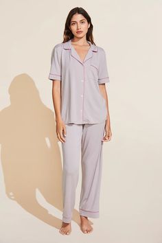 Gisele TENCEL™ Modal Short Sleeve & Pant PJ Set - Purple Dust/Italian - Eberjey Short Pj Set, Soft Pajamas, Button Front Top, Spandex Shorts, Draped Fabric, Long Shorts, Elbow Length Sleeve, Pj Sets, Classic Man