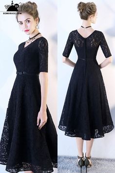 Homecoming Dresses Black Full Lace Tea Length Party Dress with Sleeves Fit And Flare A-line Vintage Dress For Party, Fitted Vintage Dress For Spring Banquet, Spring Vintage Fitted Dress For Banquet, Fitted V-neck Vintage Party Dress, Fitted A-line Tea Length Dress For Banquet, Formal A-line Fitted Lace Dress, Short Sleeve Vintage Dress For Spring Party, Spring Party Vintage Dress With Short Sleeves, Vintage Short Sleeve Dress For Spring Party