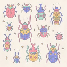 a drawing of different colored bugs on a white background