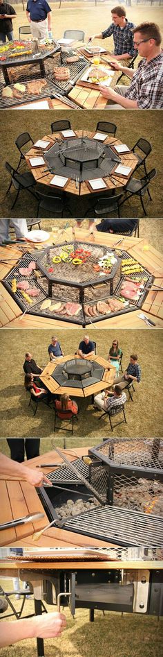 people sitting at picnic tables on the grass in front of an open fire pit and grill