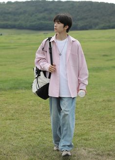 Pink And White Stripes Oversized Shirt | Soobin - TXT Pink M Kpop Shirts, Flower Print Shirt, Fashion Chingu, Lemon Patterns, Striped Vests, Plaid Vest, Pink And White Stripes, Blue Clouds, Striped Long Sleeve Shirt