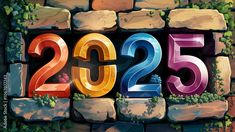 Happy New Year, Colorful 2025 Numbers Made From Colorful Stones, and Vines on a Stone Wall Stock Illustration | Adobe Stock Colorful Stones