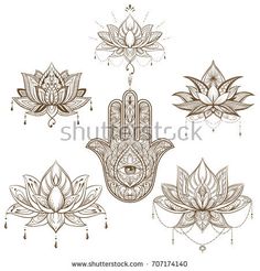 the hamsa hand with lotus flowers and water drops