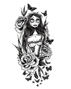 a girl with roses and butterflies on her shoulder is shown in black and white ink