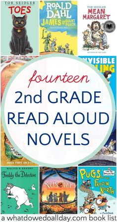 the book cover for fourteen 2nd grade read aloud novels with pictures of cats and dogs