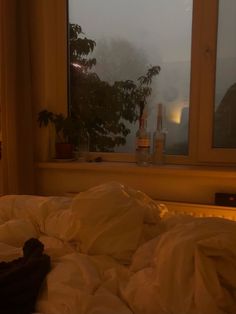 an unmade bed in front of a window with bottles on the windowsills