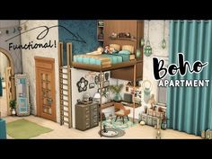 an animated image of a bedroom with bunk beds and other furniture in it, as well as the words boho apartment