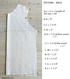 the front and back of a white top with measurements