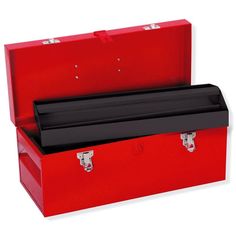 a red box with two black handles on the bottom and one is open to show it's contents