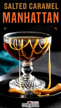 the cover of salted caramel manhattan cocktail with orange peel garnishes