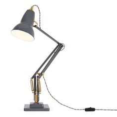 a gray and gold desk lamp on a white background with a cord attached to it