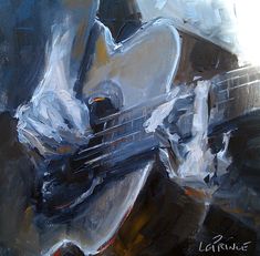 an abstract painting of a guitar in black and white colors, with the strings still attached